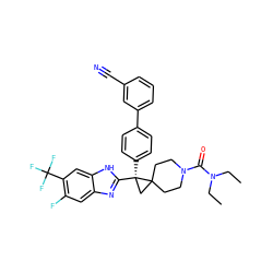 CCN(CC)C(=O)N1CCC2(CC1)C[C@@]2(c1ccc(-c2cccc(C#N)c2)cc1)c1nc2cc(F)c(C(F)(F)F)cc2[nH]1 ZINC000038157819