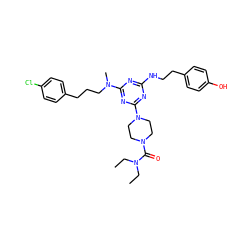 CCN(CC)C(=O)N1CCN(c2nc(NCCc3ccc(O)cc3)nc(N(C)CCCc3ccc(Cl)cc3)n2)CC1 ZINC000027632629