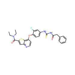 CCN(CC)C(=O)c1cc2nccc(Oc3ccc(NC(=S)NC(=O)Cc4ccccc4)cc3F)c2s1 ZINC000029042490