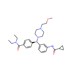 CCN(CC)C(=O)c1ccc([C@H](c2cccc(NC(=O)C3CC3)c2)N2CCN(CCOC)CC2)cc1 ZINC000073157509