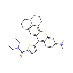 CCN(CC)C(=O)c1ccc(-c2c3ccc(=[N+](C)C)cc-3sc3c4c5c(cc23)CCCN5CCC4)s1 ZINC000095561832