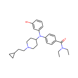 CCN(CC)C(=O)c1ccc(N(c2cccc(O)c2)C2CCN(CCC3CC3)CC2)cc1 ZINC000045324731