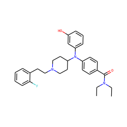 CCN(CC)C(=O)c1ccc(N(c2cccc(O)c2)C2CCN(CCc3ccccc3F)CC2)cc1 ZINC000045298603
