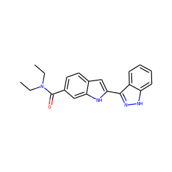 CCN(CC)C(=O)c1ccc2cc(-c3n[nH]c4ccccc34)[nH]c2c1 ZINC000066066056
