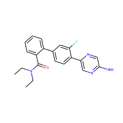 CCN(CC)C(=O)c1ccccc1-c1ccc(-c2cnc(N)cn2)c(F)c1 ZINC000224756921