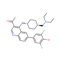 CCN(CC)C[C@H]1CC[C@H](Nc2c(C(C)=O)cnc3ccc(-c4cc(Cl)c(O)c(Cl)c4)cc23)CC1 ZINC000473179790