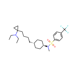 CCN(CC)C1(CCCC[C@H]2CC[C@H](N(C)S(=O)(=O)c3ccc(C(F)(F)F)cc3)CC2)CC1 ZINC000261085387