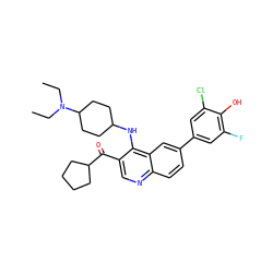 CCN(CC)C1CCC(Nc2c(C(=O)C3CCCC3)cnc3ccc(-c4cc(F)c(O)c(Cl)c4)cc23)CC1 ZINC000114038588