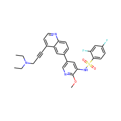 CCN(CC)CC#Cc1ccnc2ccc(-c3cnc(OC)c(NS(=O)(=O)c4ccc(F)cc4F)c3)cc12 ZINC000653697105
