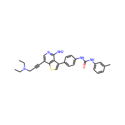 CCN(CC)CC#Cc1cnc(N)c2c(-c3ccc(NC(=O)Nc4cccc(C)c4)cc3)csc12 ZINC000063298209