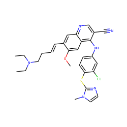 CCN(CC)CC/C=C/c1cc2ncc(C#N)c(Nc3ccc(Sc4nccn4C)c(Cl)c3)c2cc1OC ZINC000049872240