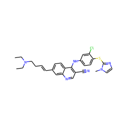 CCN(CC)CC/C=C/c1ccc2c(Nc3ccc(Sc4nccn4C)c(Cl)c3)c(C#N)cnc2c1 ZINC000045484152