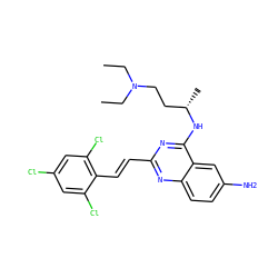 CCN(CC)CC[C@H](C)Nc1nc(/C=C/c2c(Cl)cc(Cl)cc2Cl)nc2ccc(N)cc12 ZINC001772584626