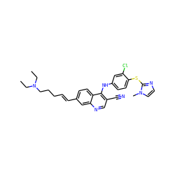 CCN(CC)CCC/C=C/c1ccc2c(Nc3ccc(Sc4nccn4C)c(Cl)c3)c(C#N)cnc2c1 ZINC000040413873