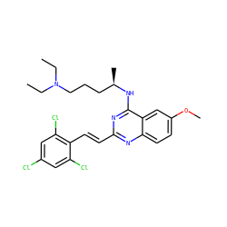 CCN(CC)CCC[C@@H](C)Nc1nc(/C=C/c2c(Cl)cc(Cl)cc2Cl)nc2ccc(OC)cc12 ZINC001772584462