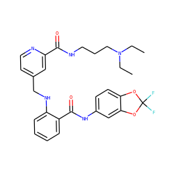 CCN(CC)CCCNC(=O)c1cc(CNc2ccccc2C(=O)Nc2ccc3c(c2)OC(F)(F)O3)ccn1 ZINC000028951752