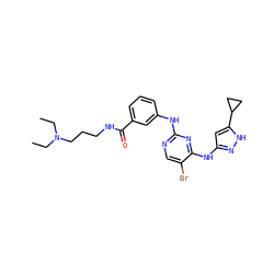 CCN(CC)CCCNC(=O)c1cccc(Nc2ncc(Br)c(Nc3cc(C4CC4)[nH]n3)n2)c1 ZINC000203003118
