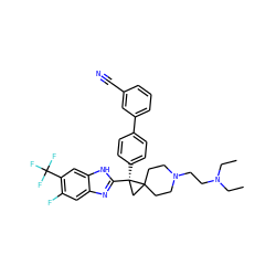 CCN(CC)CCN1CCC2(CC1)C[C@@]2(c1ccc(-c2cccc(C#N)c2)cc1)c1nc2cc(F)c(C(F)(F)F)cc2[nH]1 ZINC000038157829