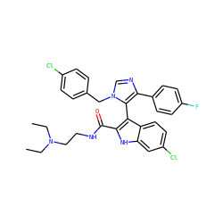 CCN(CC)CCNC(=O)c1[nH]c2cc(Cl)ccc2c1-c1c(-c2ccc(F)cc2)ncn1Cc1ccc(Cl)cc1 ZINC001772572242