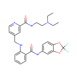 CCN(CC)CCNC(=O)c1cc(CNc2ccccc2C(=O)Nc2ccc3c(c2)OC(F)(F)O3)ccn1 ZINC000028951750