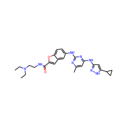 CCN(CC)CCNC(=O)c1cc2cc(Nc3nc(C)cc(Nc4cc(C5CC5)[nH]n4)n3)ccc2o1 ZINC000203004529