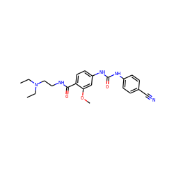 CCN(CC)CCNC(=O)c1ccc(NC(=O)Nc2ccc(C#N)cc2)cc1OC ZINC000028383396
