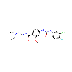 CCN(CC)CCNC(=O)c1ccc(NC(=O)Nc2ccc(F)c(Cl)c2)cc1OC ZINC000028383454