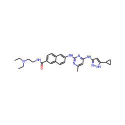 CCN(CC)CCNC(=O)c1ccc2cc(Nc3nc(C)cc(Nc4cc(C5CC5)[nH]n4)n3)ccc2c1 ZINC000138195713