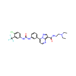 CCN(CC)CCNC(=O)c1cnn2c(-c3cccc(NC(=O)Nc4ccc(Cl)c(C(F)(F)F)c4)c3)ccnc12 ZINC000043080734