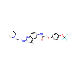 CCN(CC)CCNc1cc(C)c2cc(NC(=O)COc3ccc(OC(F)(F)F)cc3)ccc2n1 ZINC000028570714