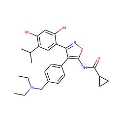 CCN(CC)Cc1ccc(-c2c(-c3cc(C(C)C)c(O)cc3O)noc2NC(=O)C2CC2)cc1 ZINC000299839784