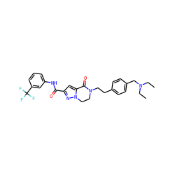 CCN(CC)Cc1ccc(CCN2CCn3nc(C(=O)Nc4cccc(C(F)(F)F)c4)cc3C2=O)cc1 ZINC000038149870