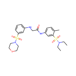 CCN(CC)S(=O)(=O)c1cc(NC(=O)CNc2cccc(S(=O)(=O)N3CCOCC3)c2)ccc1C ZINC000012522519