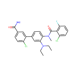 CCN(CC)c1cc(-c2cc(C(N)=O)ccc2Cl)ccc1N(C)C(=O)c1c(F)cccc1Cl ZINC000473247203