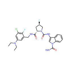 CCN(CC)c1cc(Cl)c(F)c(CNC(=O)[C@@H]2C[C@@H](F)CN2C(=O)Nc2cn(C(N)=O)c3ccccc23)c1 ZINC000148006693