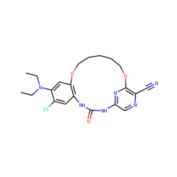 CCN(CC)c1cc2c(cc1Cl)NC(=O)Nc1cnc(C#N)c(n1)OCCCCCO2 ZINC000014958315