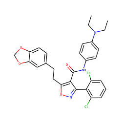CCN(CC)c1ccc(NC(=O)c2c(-c3c(Cl)cccc3Cl)noc2CCc2ccc3c(c2)OCO3)cc1 ZINC000028368856