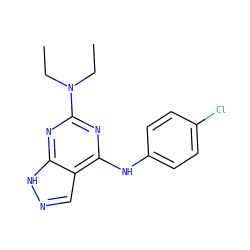 CCN(CC)c1nc(Nc2ccc(Cl)cc2)c2cn[nH]c2n1 ZINC000096928134