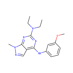 CCN(CC)c1nc(Nc2cccc(OC)c2)c2cnn(C)c2n1 ZINC000021530288