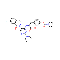 CCN(CC)c1ncc(N(CC)C(=O)c2cccc(F)c2)c(N[C@@H](Cc2ccc(OC(=O)N3CCCC3)cc2)C(=O)O)n1 ZINC000096273525