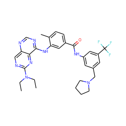 CCN(CC)c1ncc2ncnc(Nc3cc(C(=O)Nc4cc(CN5CCCC5)cc(C(F)(F)F)c4)ccc3C)c2n1 ZINC000148144665