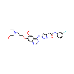 CCN(CCO)CCCOc1cc2ncnc(Nc3cc(CC(=O)Nc4cccc(F)c4)[nH]n3)c2cc1OC ZINC000034803020