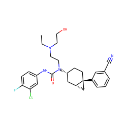 CCN(CCO)CCN(C(=O)Nc1ccc(F)c(Cl)c1)[C@@H]1CC[C@]2(c3cccc(C#N)c3)C[C@@H]2C1 ZINC000028649896