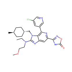 CCN(CCOC)c1nc2cc(-c3noc(=O)[nH]3)nc(-c3cncc(Cl)c3)c2n1C[C@H]1CC[C@H](C)CC1 ZINC000261126915