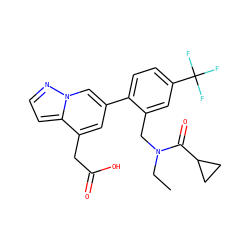 CCN(Cc1cc(C(F)(F)F)ccc1-c1cc(CC(=O)O)c2ccnn2c1)C(=O)C1CC1 ZINC000299822200