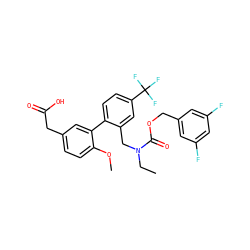 CCN(Cc1cc(C(F)(F)F)ccc1-c1cc(CC(=O)O)ccc1OC)C(=O)OCc1cc(F)cc(F)c1 ZINC000073165852