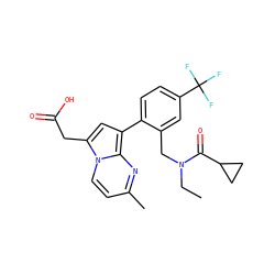 CCN(Cc1cc(C(F)(F)F)ccc1-c1cc(CC(=O)O)n2ccc(C)nc12)C(=O)C1CC1 ZINC000208542076
