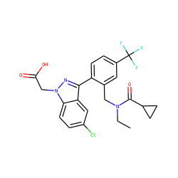 CCN(Cc1cc(C(F)(F)F)ccc1-c1nn(CC(=O)O)c2ccc(Cl)cc12)C(=O)C1CC1 ZINC000208545772