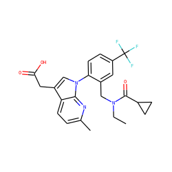CCN(Cc1cc(C(F)(F)F)ccc1-n1cc(CC(=O)O)c2ccc(C)nc21)C(=O)C1CC1 ZINC000208540583