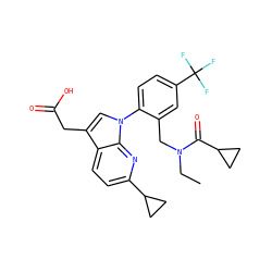 CCN(Cc1cc(C(F)(F)F)ccc1-n1cc(CC(=O)O)c2ccc(C3CC3)nc21)C(=O)C1CC1 ZINC000208554786
